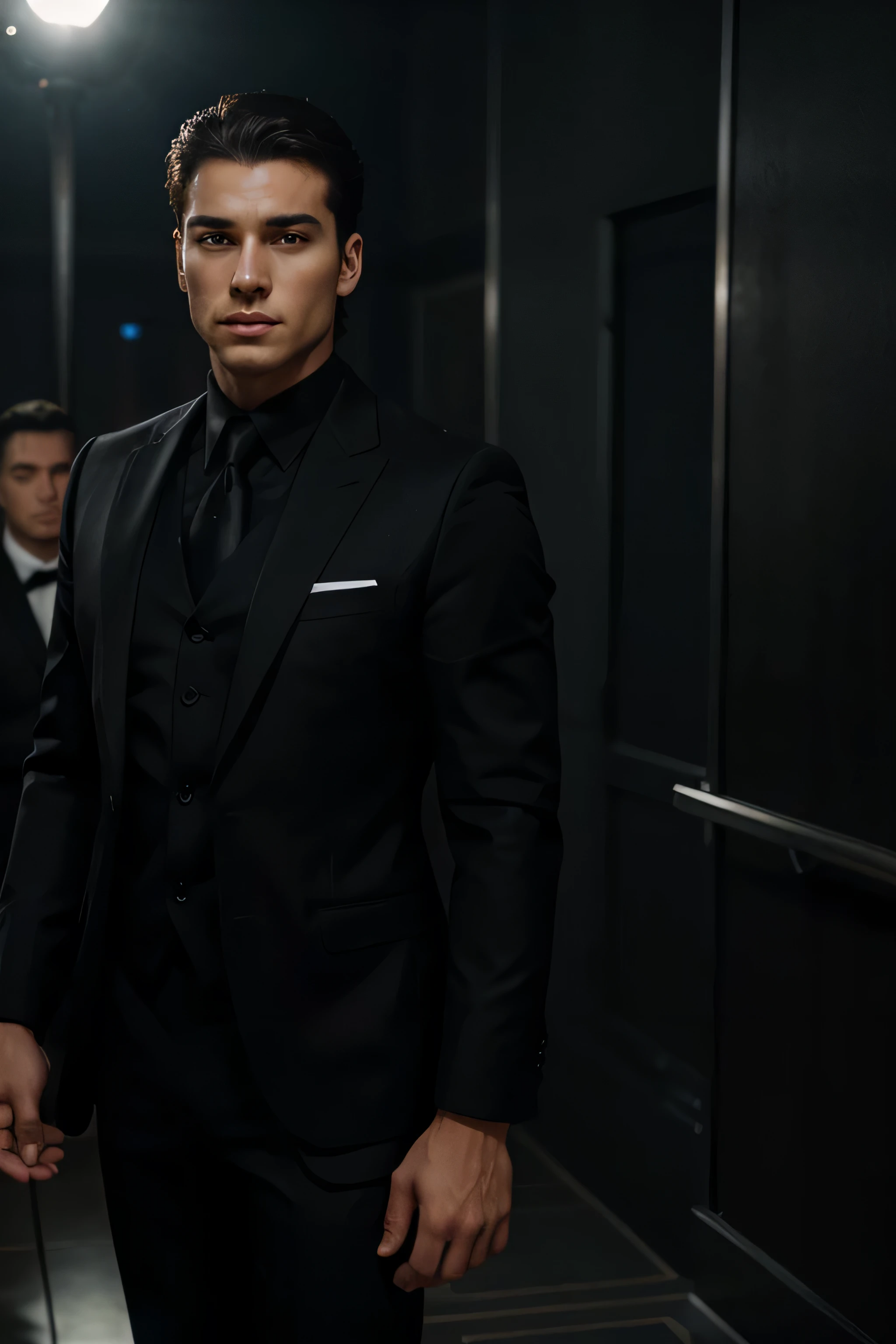 &quot;Man of the Night&quot; - 23-year-old character., white, with an arrogant look and an imposing posture, In an impeccable black suit. Daylight creates a cinematic effect around itself., making your appearance even more elegant and impressive. Your skin is glowing and perfect, Your figure is relevant, And everything about it conveys a sense of beauty and mystery..