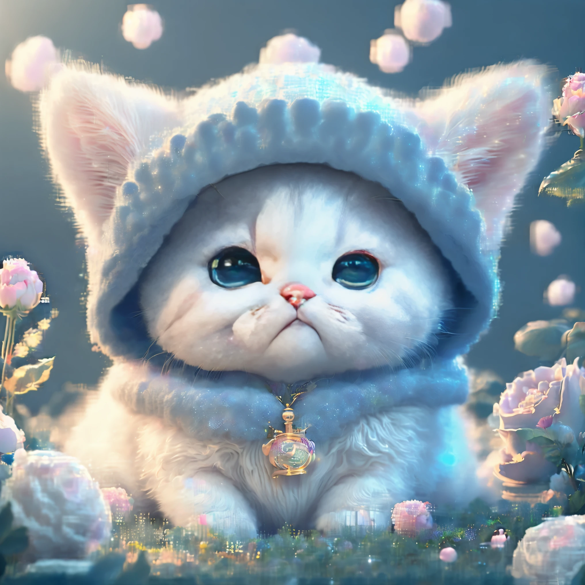 With super detailed CG art, Adorable kitten surrounded by magical roses, highest quality, High resolution, intricate details, fantasy, cute animals