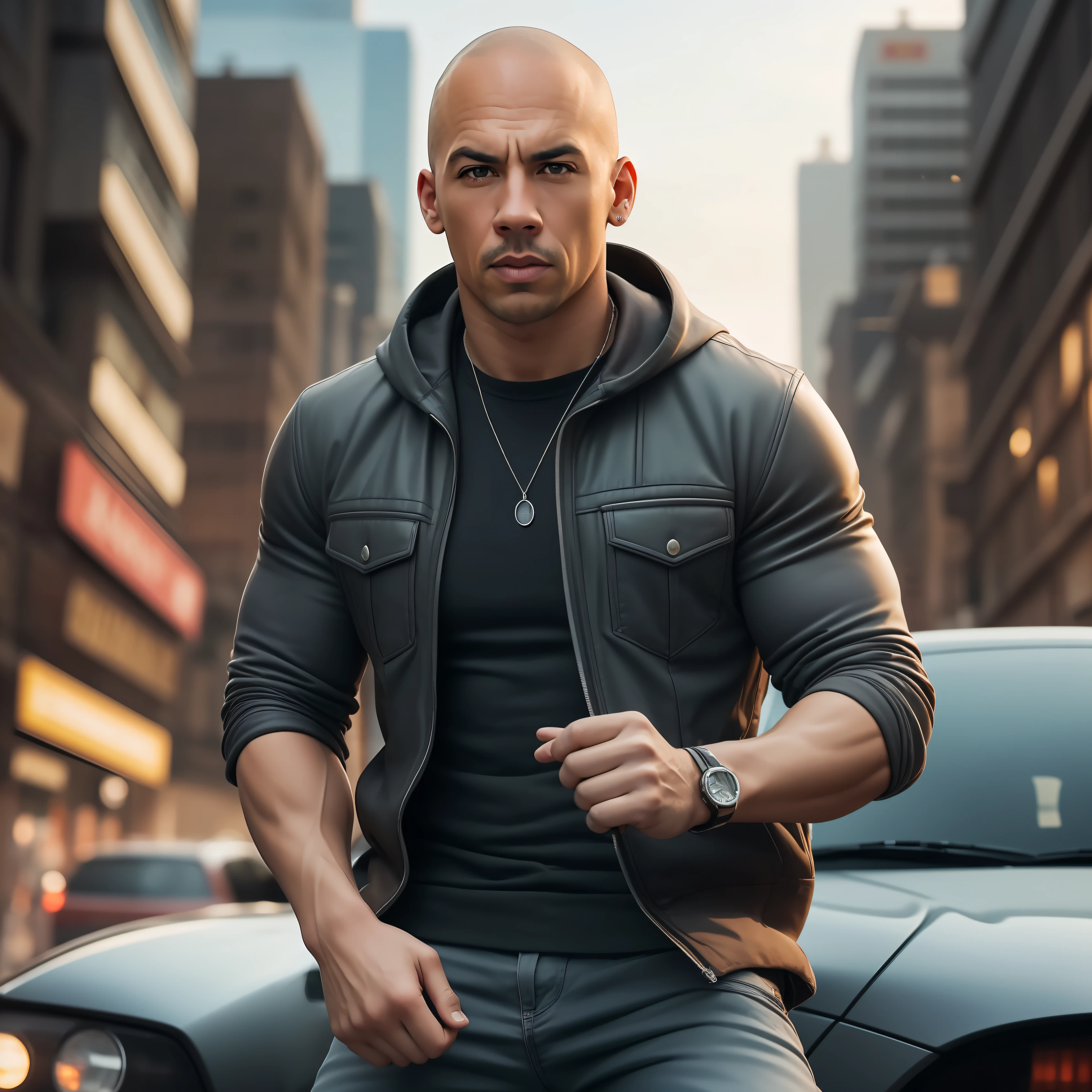 face photo of fast and furious man in the background of several cars