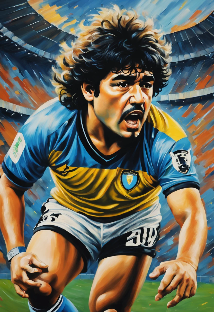 Best quality, oil painting, colors strong, Maradona, messy hair, fotbal stadium background, aerial perspective.