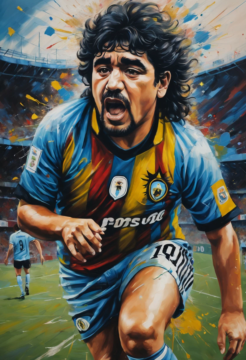 Best quality, oil painting, colors strong, Maradona, messy hair, fotbal stadium background, aerial perspective.