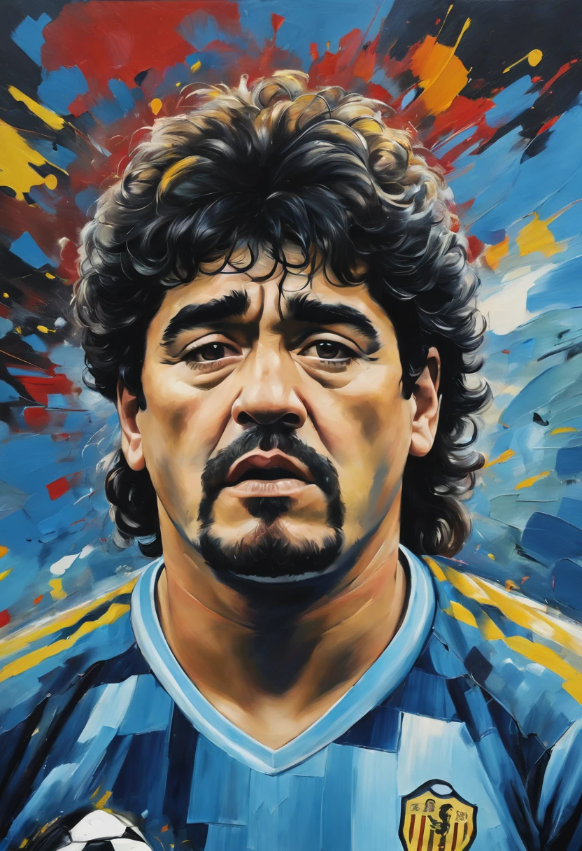 Best quality, oil painting, colors strong, Maradona, messy hair, fotbal stadium background, aerial perspective.