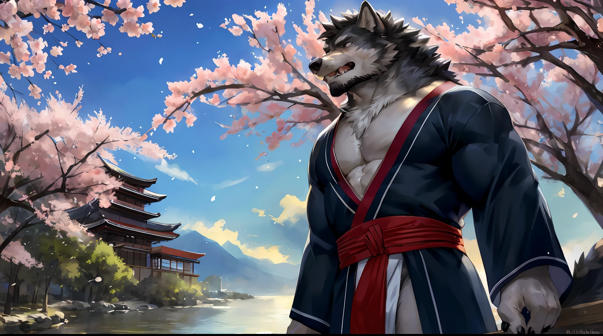 masterpiece,best quality, from high angle,kemono, anthro (wolf), male, (wolf), beard,middle-aged, gray body,white belly,muscular,japanese traditional clothes, white (fundoshi),((open) black formal kimono),,japanese building,look up to the sky,majestic,brutal,confident,strong,cherry blossoms, sakura blossoms leaves, outdoors, dynamic angle,depth of field,delicate canine tooth,correct anatomy, correct hand,,hd, dim ,dark,dark shadows, light against dark,cinematic, dramatic light,wide dynamic range, hdr, low light:1.2, by Pino Daeni, (by ruaidri), by virtyalfobo