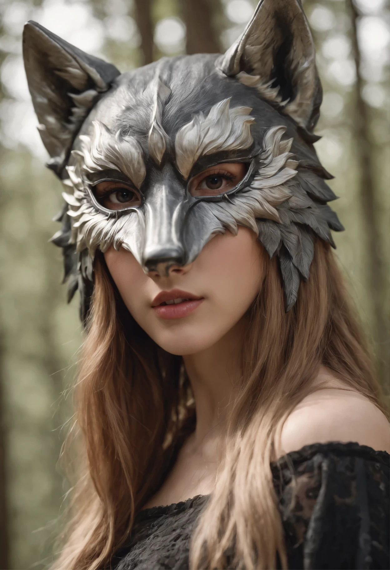 Draw a picture of Lalisa wearing a wolf mask, Capturing her duality between feminine beauty and the wild force of nature