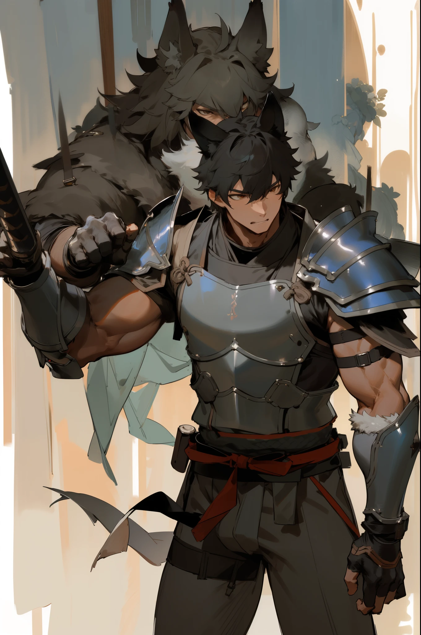 masterpiece, best quality,muscular male wolf anthro,furry,kemono,martial,leather armor, hand strap ,solo, Ruan Jia, Pino Daeni, detailed background, detailed face