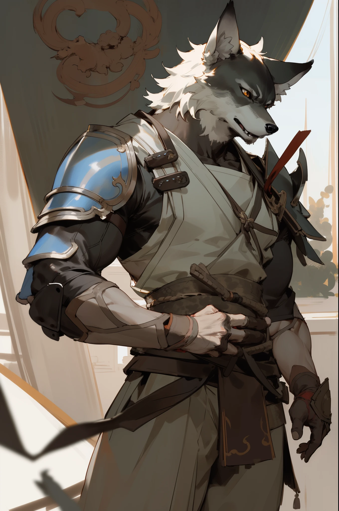 masterpiece, best quality,muscular male wolf anthro,furry,kemono,martial,leather armor, hand strap ,solo, Ruan Jia, Pino Daeni, detailed background,  detailed face