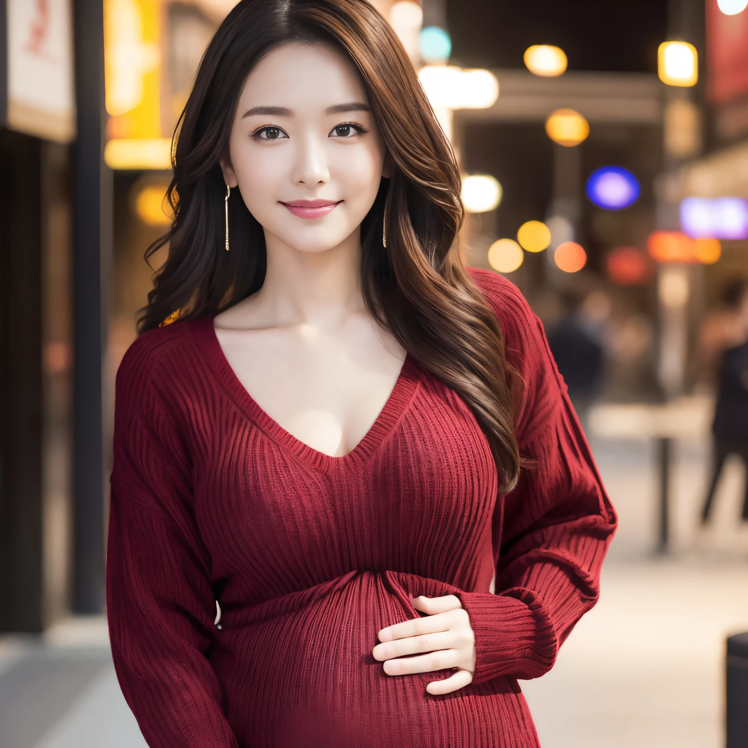 (highest quality、table top、8k、best image quality、Award-winning work)、one beautiful woman、25 years old、perfect dynamic composition、big and full breasts、[clavicle]、(Patsun:1.1)、(Wine red thick V-neck knit:1.1)、(Knit that fits perfectly to the body:1.1)、(perfect v-neck knit sweater:1.1)、(slightly pregnant:1.1)、(very thin pregnant woman:1.05)、full body photo、look at me and smile、(Strongly blurred Shinjuku background:1.1)、stand gracefully、droopy eyes、natural makeup、Ultra high definition beauty face、ultra high definition hair、Super high-definition sparkling eyes、Super high resolution glossy lips、accurate anatomy