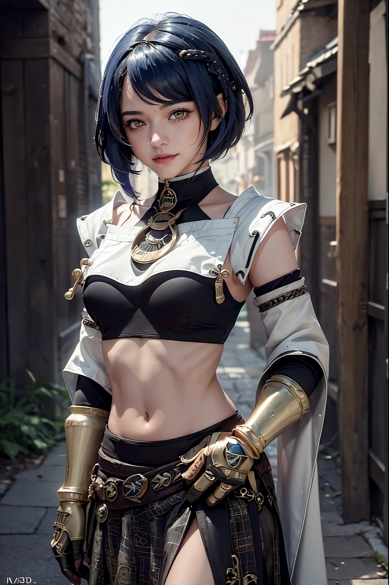 ((midriff, navel)), looking at viewer, italian town road, smile, standing, ((cinematic lighting, masterpiece, anatomically correct, detailed textured skin, high details, highres, HD, 4K, 8k)), (kujou sara:1.3, mask on head, blue hair, short hair, yellow eyes)
