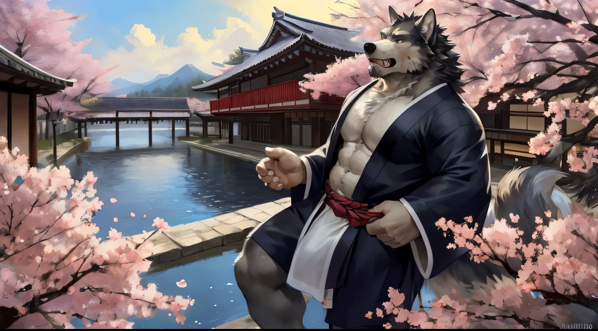 masterpiece,best quality, from high angle,kemono, anthro (wolf), male, (wolf), beard,middle-aged, gray body,white belly,muscular,japanese traditional clothes, white (fundoshi),((open) black formal kimono),,japanese building,look up to the sky,majestic,brutal,confident,strong,cherry blossoms, sakura blossoms leaves, outdoors, dynamic angle,depth of field,delicate canine tooth,correct anatomy, correct hand,,hd, dim ,dark,dark shadows, light against dark,cinematic, dramatic light,wide dynamic range, hdr, low light:1.2, by Pino Daeni, (by ruaidri), by virtyalfobo