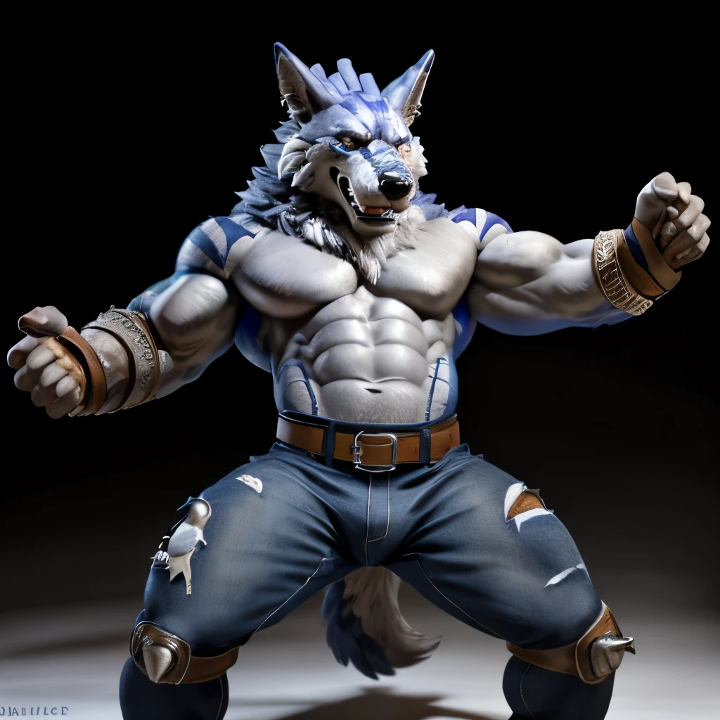 weregarurumon, 4k, high resolution, best quality, posted on e621, solo, anthro body, male, mane, adult, very masculine, (very muscular, very defined muscles, strong pectorals, large pecs, muscular arms, muscular legs, heavyweight:1.3), correct anatomy, (black background, no background, featureless background:1.2), (by wfa:0.6), (by spelunker_sal:0.6), (taran fiddler anatomy, chunie lighting:1.0), (jeans, sturdy belt:1.2), (detailed wolf eyes:1.2), (detailed shading, photorealistic shading, masterpiece:1.2), confident, proud, strong, (shiny fur, shiny muscles:1.1), front view, half body, spread legs, angry eyes, cocky smile, two point lighting, dramatic lighting, strong shadows