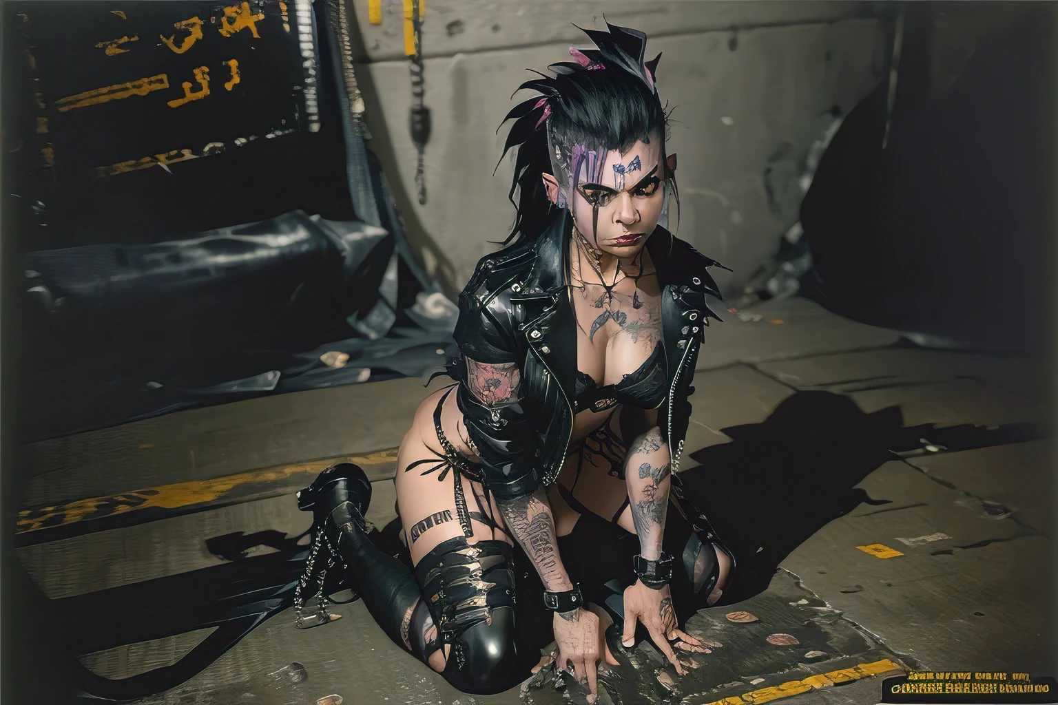 (masterpiece, of the highest quality, Best Quality, Official art, Beautiful and aesthetic, oil painting),(Cyberpunk)(wide shot) (low angle, camera looking up) prisoner, torn black T-shirt, smudged black lipstick, runny mascara, too much mascara, in an underground security station filled with surveillance monitors, arrogant angry:1.8, punk/goth female, 26 yo, heavy goth makeup, dirty, tattoos all over, bad attitude, (Bound, Tied: 1.6) ( trashy common face, worn black leather jacket, black ratty mohawk, torn fishnet stockings, combat boots, Full Body, Collar, shackles,) (kneeling on the ground: 1.9)