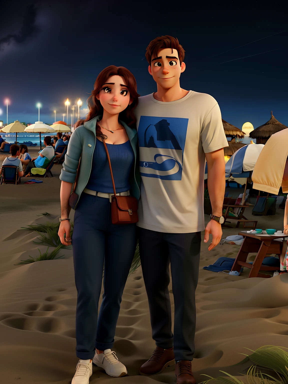 Romantic couple on the beach, homem com rosto redondo, mulher com seios pequenos