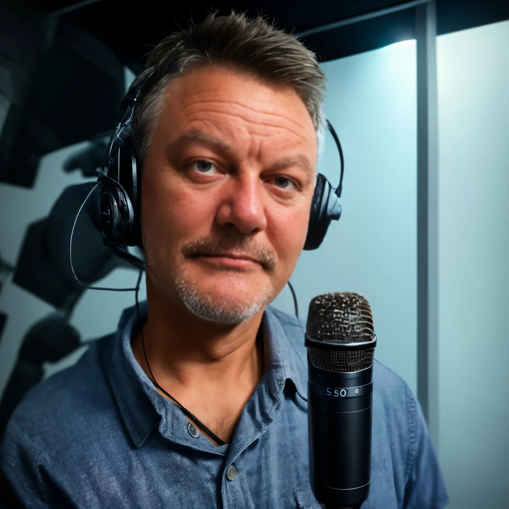 A radio host with microphone and headphones inside a radio booth and his equipment