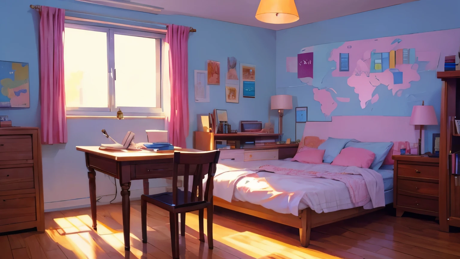(highres,photorealistic)A student concentrating on his homework in a cozy bedroom, softly lit by the warm glow of a desk lamp. The room is filled with a calm and peaceful atmosphere. The student's eyes are focused as he writes diligently on his notebook, with a determined expression on his face. The room is tastefully decorated with posters of inspiring quotes and a world map on the wall. The desk is organized and clutter-free, with neatly arranged stationery and books. The student is sitting on a comfortable chair, wearing casual clothes. The room is adorned with soft, pastel colors, creating a soothing environment for studying. The sunlight gently filters through the curtains, casting a soft glow on the wooden floor. The attention to detail in the room, from the texture of the beddings to the reflection on the mirror, is remarkable.