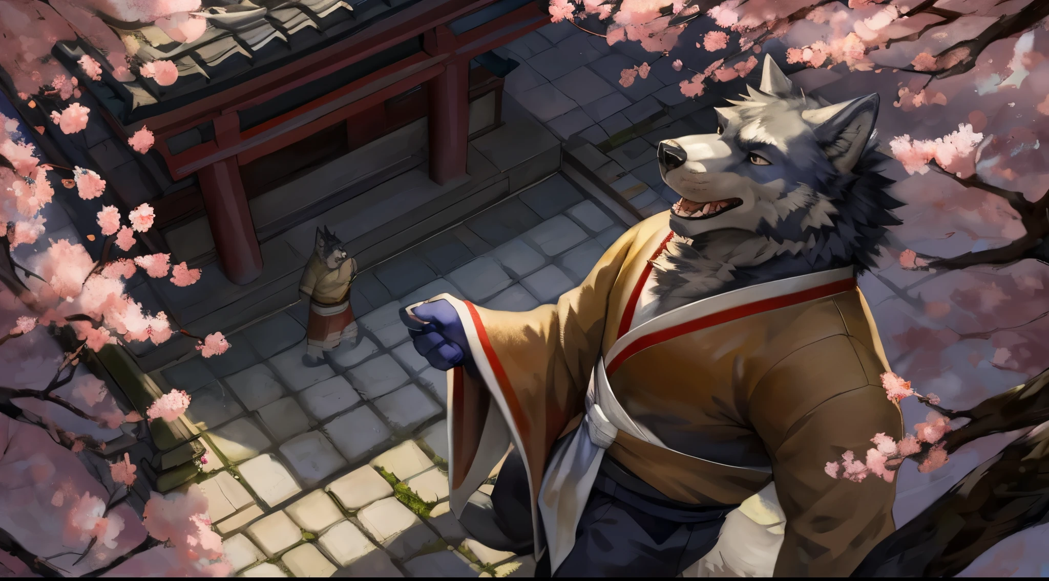 masterpiece,best quality, from high angle,kemono, anthro (wolf), male, (wolf), beard,middle-aged, gray body,white belly,muscular,japanese traditional clothes, white (fundoshi),((open) black formal kimono),,japanese building,look up to the sky,majestic,brutal,confident,strong,cherry blossoms, sakura blossoms leaves, outdoors, dynamic angle,depth of field,delicate canine tooth,correct anatomy, correct hand,,hd, dim ,dark,dark shadows, light against dark,cinematic, dramatic light,wide dynamic range, hdr, low light:1.2, by Pino Daeni, (by ruaidri), by virtyalfobo