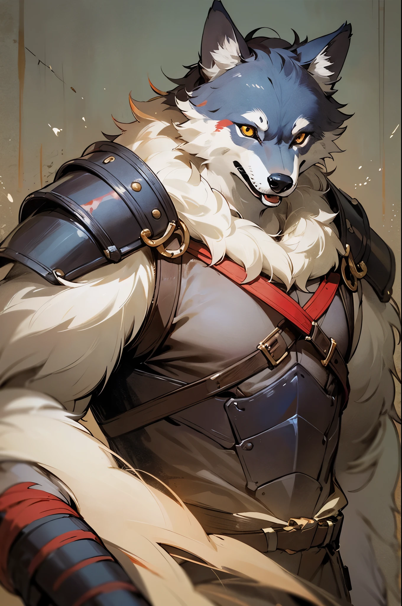 masterpiece, best quality,muscular male wolf anthro,furry,kemono,martial,leather armor, hand strap ,solo, Ruan Jia, Pino Daeni, detailed background,  detailed face