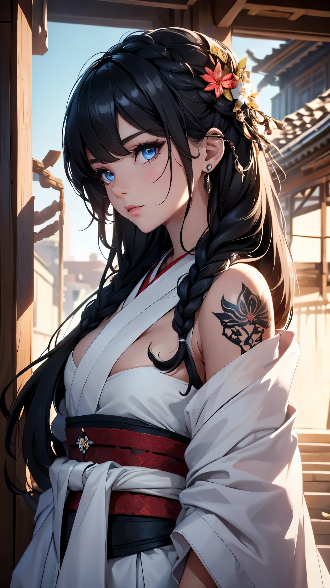 (best quality,4k,8k,highres,masterpiece:1.2),ultra-detailed,realistic:1.37,beautiful detailed eyes,beautiful detailed lips,extremely detailed eyes and face,long eyelashes,1girl,strong and confident posture,black hair,cropped hair with a small braid at the back,white kimono with torn parts,ready for a fight,gang,tattoos,illustration,professional styling,vivid colors,stunning lighting