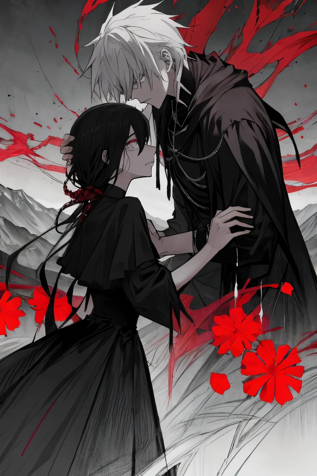 Motivated by hatred, two dark evil anime characters stand against each other, their menacing glares intensifying in the darker background. The once vibrant world around them has been tainted by their bitterness, and as they engage in their relentless fighting, the once beautiful mountains now loom ominously in the distance.
I once sought solace in love, but where it bloomed, I was met with disdain. "I hated where love bloomed," I cried, and the world bore witness to my tears, unmoved by my plight. the more I gave, the less they reciprocated, and before I knew it, the love, as well as a part of myself
