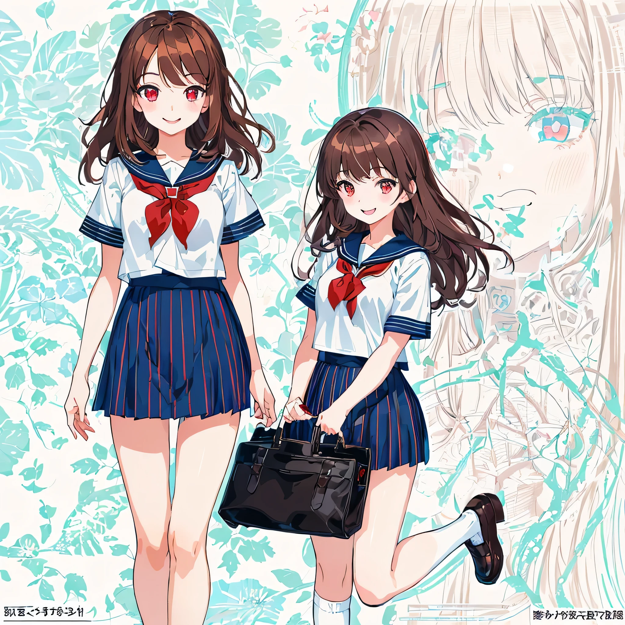 fine eyes,highlight,mouth,smile,high school,2 girl,sisters,girl,red eyes,exchanging smiles,brown hair,masterpiece, highest quality,figure,sailor suit,slanted eyes,straight hair,brown hair,Side division,super dense skin,calf white socks,beautiful fine eyes,red eyes,,Plump : 1.3