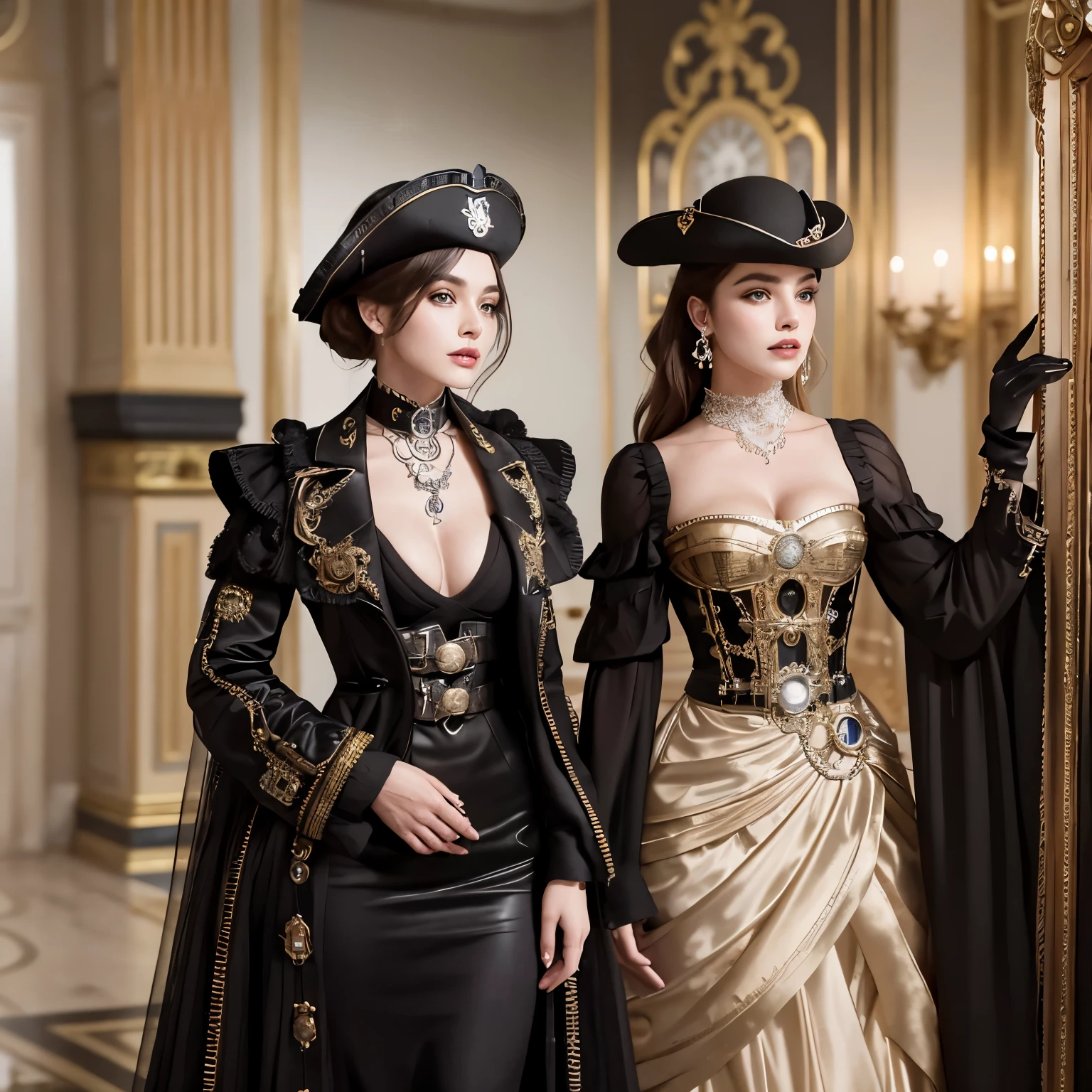 2 women((whole body, Happy)), masterpiece, Highest quality, Very detailed, One of them has a Venetian mask on his face.，Cool military dress cosplay，Two people standing close together，
