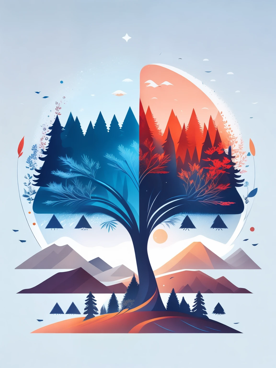 a spruice tree in a winter landscape, tshirt design, rzminjourney, vector-art