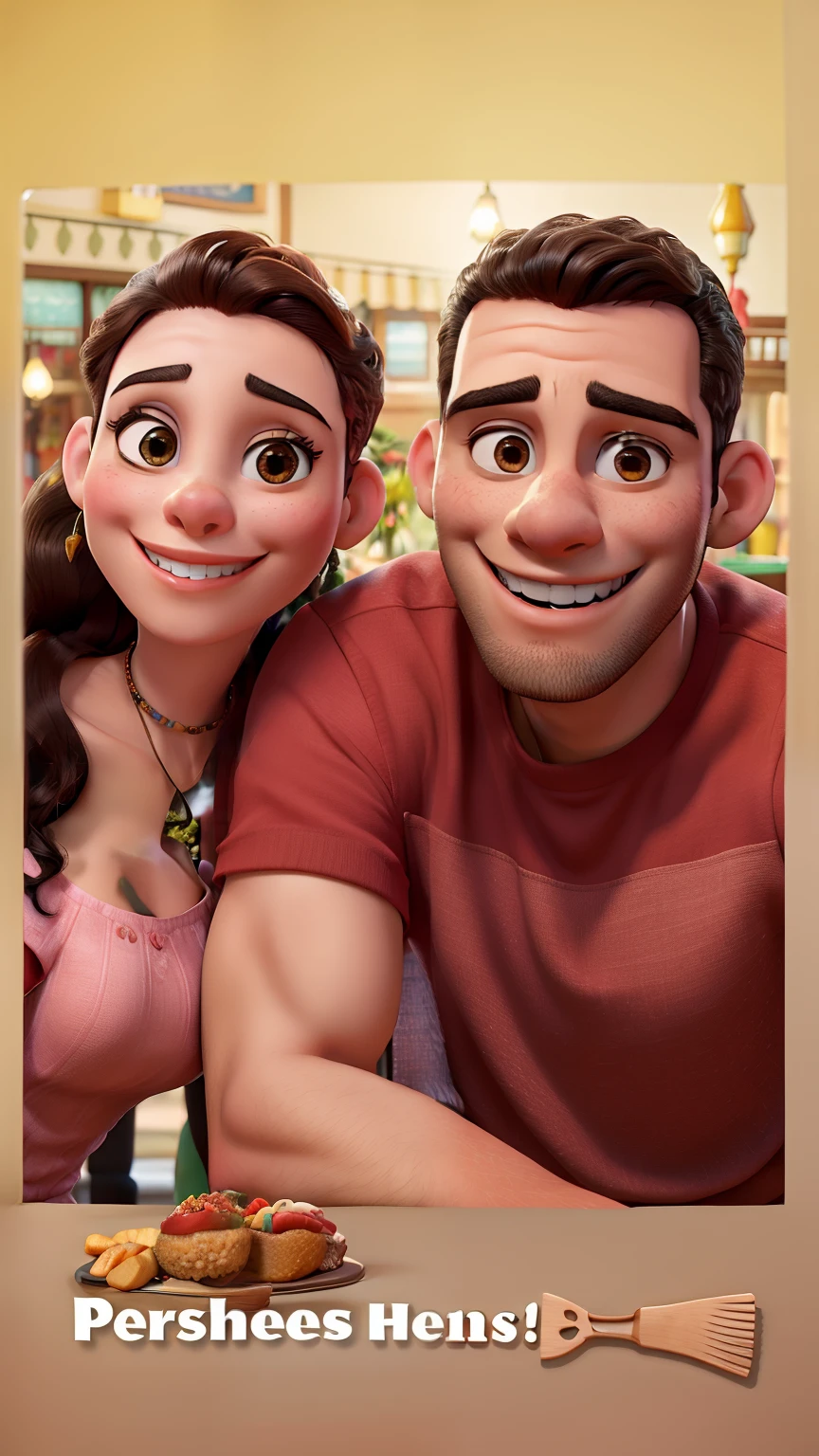 Casal estilo Disney sorrindo em restaurante. brunette man with shaved head