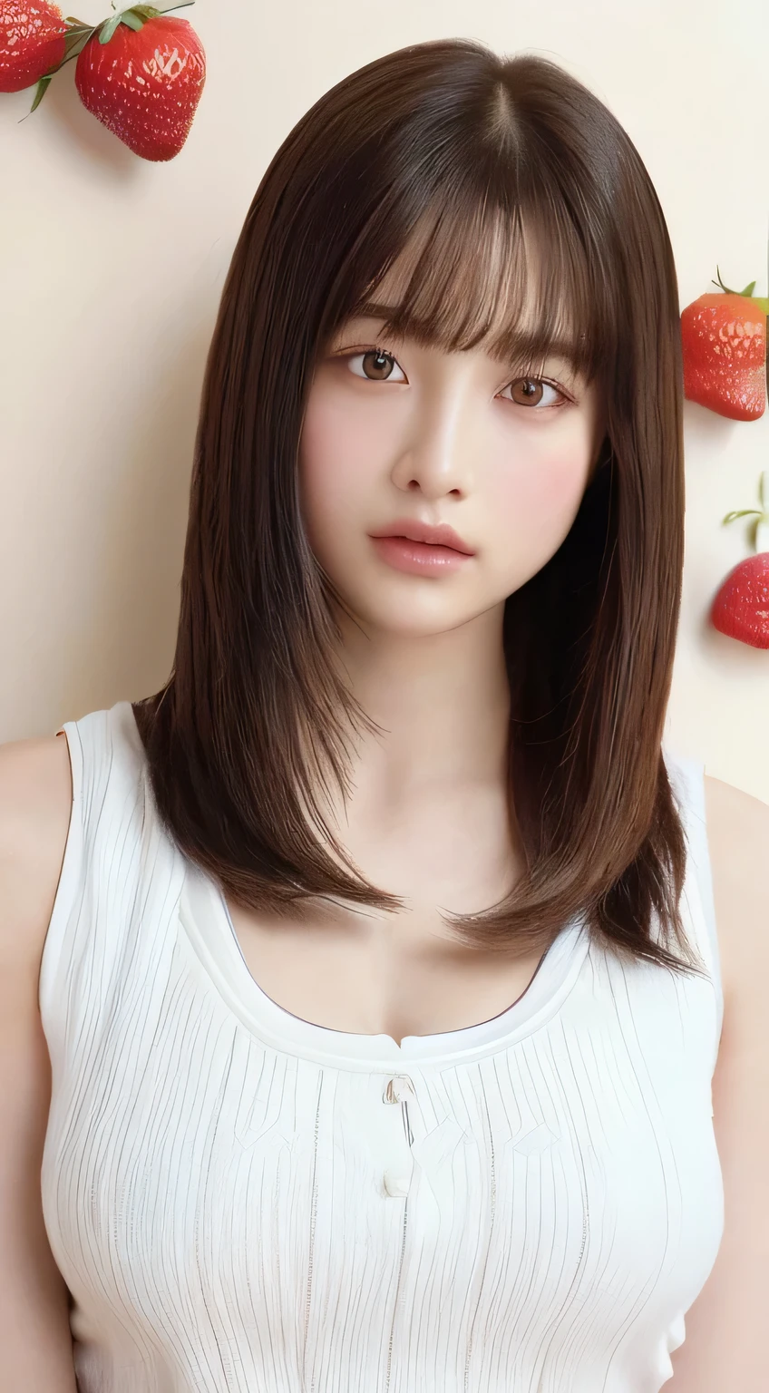 ((highest quality、8k、masterpiece:1.3))、be familiar with 女性:1.3、(medium hair、big breasts:1.3)、Camisole with small area、Clothes that emphasize the chest、Clothes with open cleavage、Clothes with a lot of revealing skin、lightly dressed、超be familiar with、be familiar with、eyelid、summer vacation、Cafe、strawberry