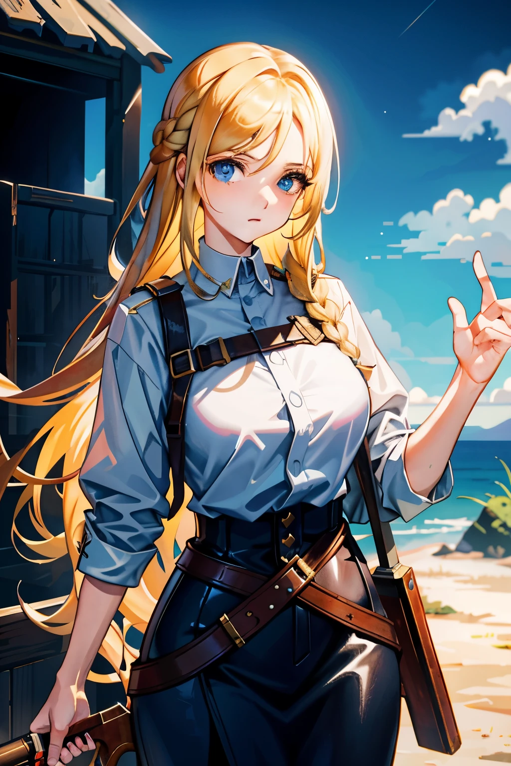Masterpiece, best quality, 1 woman, blonde haired, braids, holding a shotgun, rural landscape background, (close-up: 1.3)
Detailed and vivid description:
In this masterpiece, a woman with golden braids cascading down her back stands as a striking figure against the backdrop of a rustic landscape. Her piercing blue eyes are focused intently on the horizon, scanning for any sign of danger. In her hands, she cradles a well-worn shotgun, its metallic glint reflecting off the sunlight. The shotgun's wooden stock is weathered and worn from years of use, but it is still a reliable