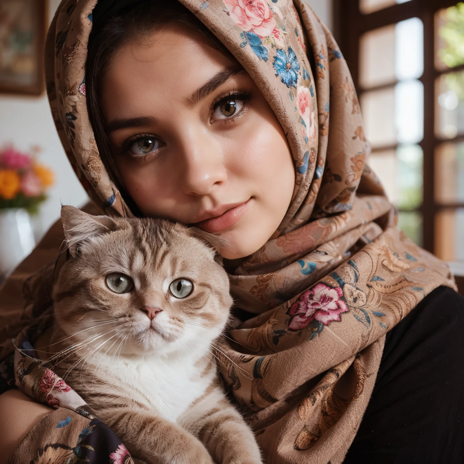 a beautiful girl wearing a headscarf with a fat cat