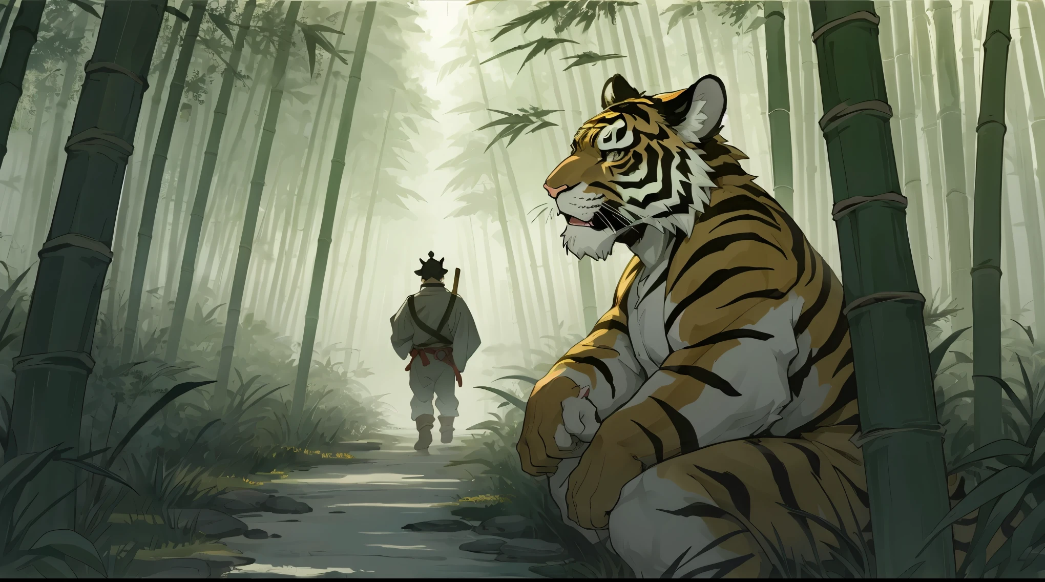 In a bamboo forest, a human transformed into a tiger meets an old friend and laments their past, Illustrated in the style of a traditional Chinese ink wash painting, resembling a handscroll with a horizontal composition,