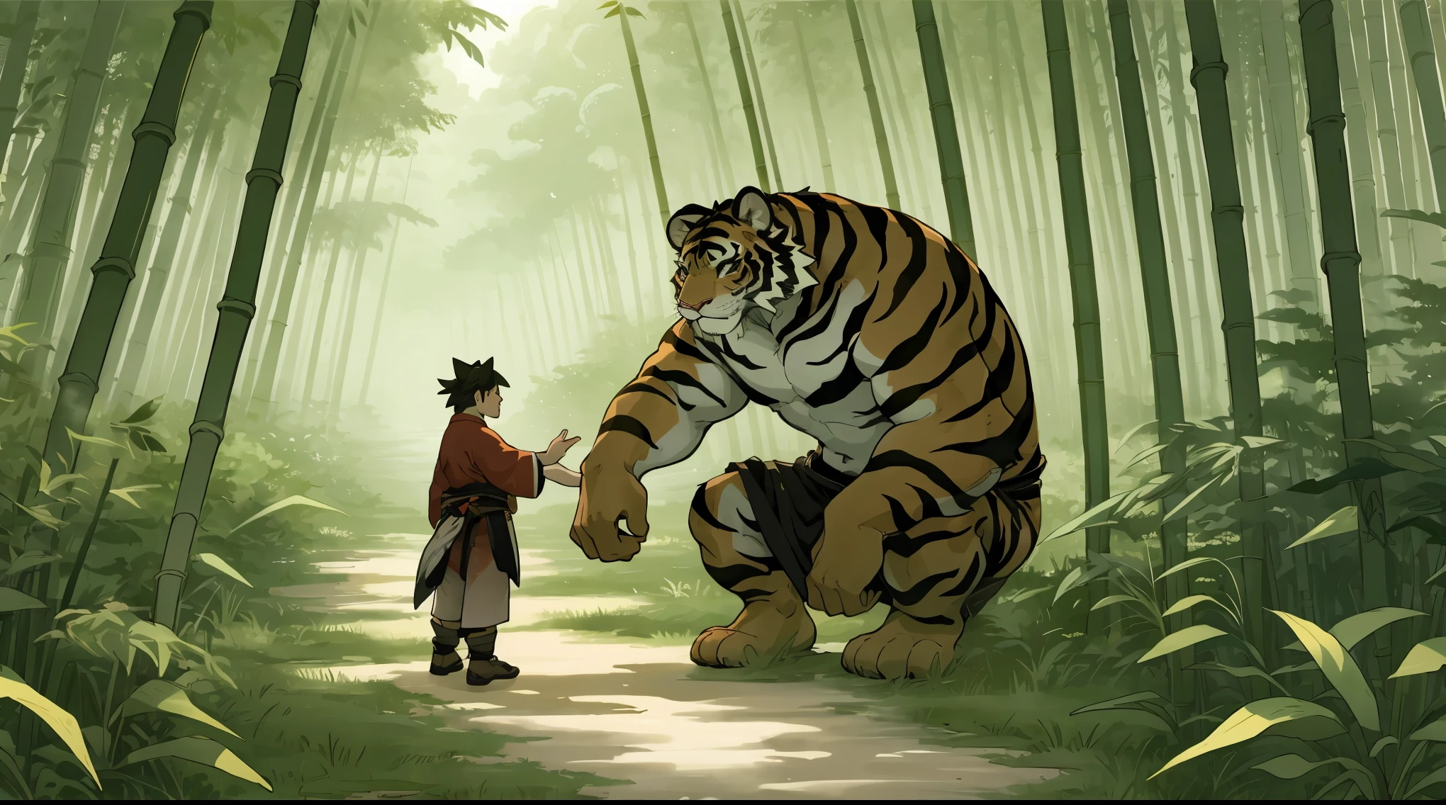 In a bamboo forest, a human transformed into a tiger meets an old friend and laments their past, Illustrated in the style of a traditional Chinese ink wash painting, resembling a handscroll with a horizontal composition,