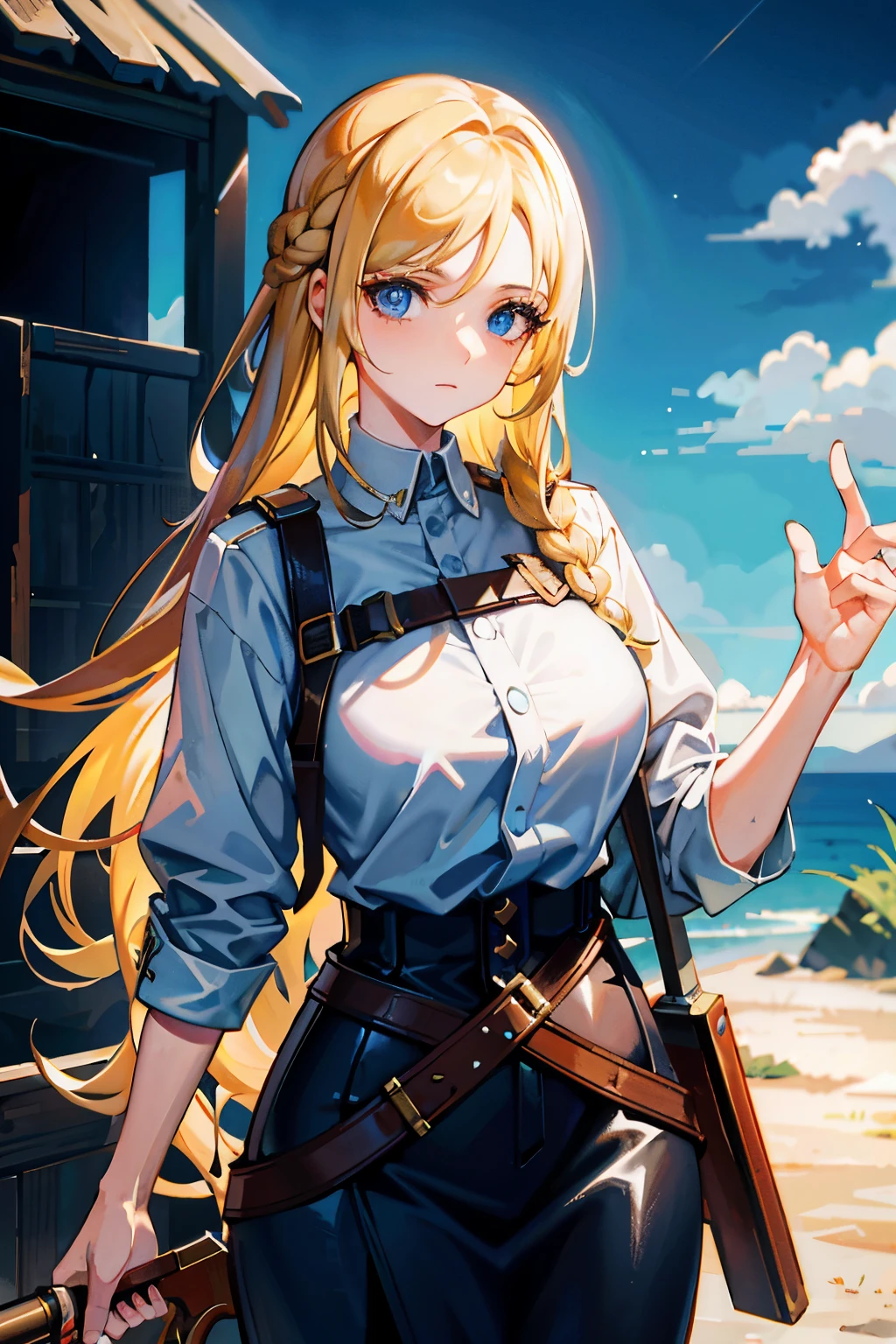 Masterpiece, best quality, 1 woman, blonde haired, braids, holding a shotgun, rural landscape background, (close-up: 1.3)
Detailed and vivid description:
In this masterpiece, a woman with golden braids cascading down her back stands as a striking figure against the backdrop of a rustic landscape. Her piercing blue eyes are focused intently on the horizon, scanning for any sign of danger. In her hands, she cradles a well-worn shotgun, its metallic glint reflecting off the sunlight. The shotgun's wooden stock is weathered and worn from years of use, but it is still a reliable