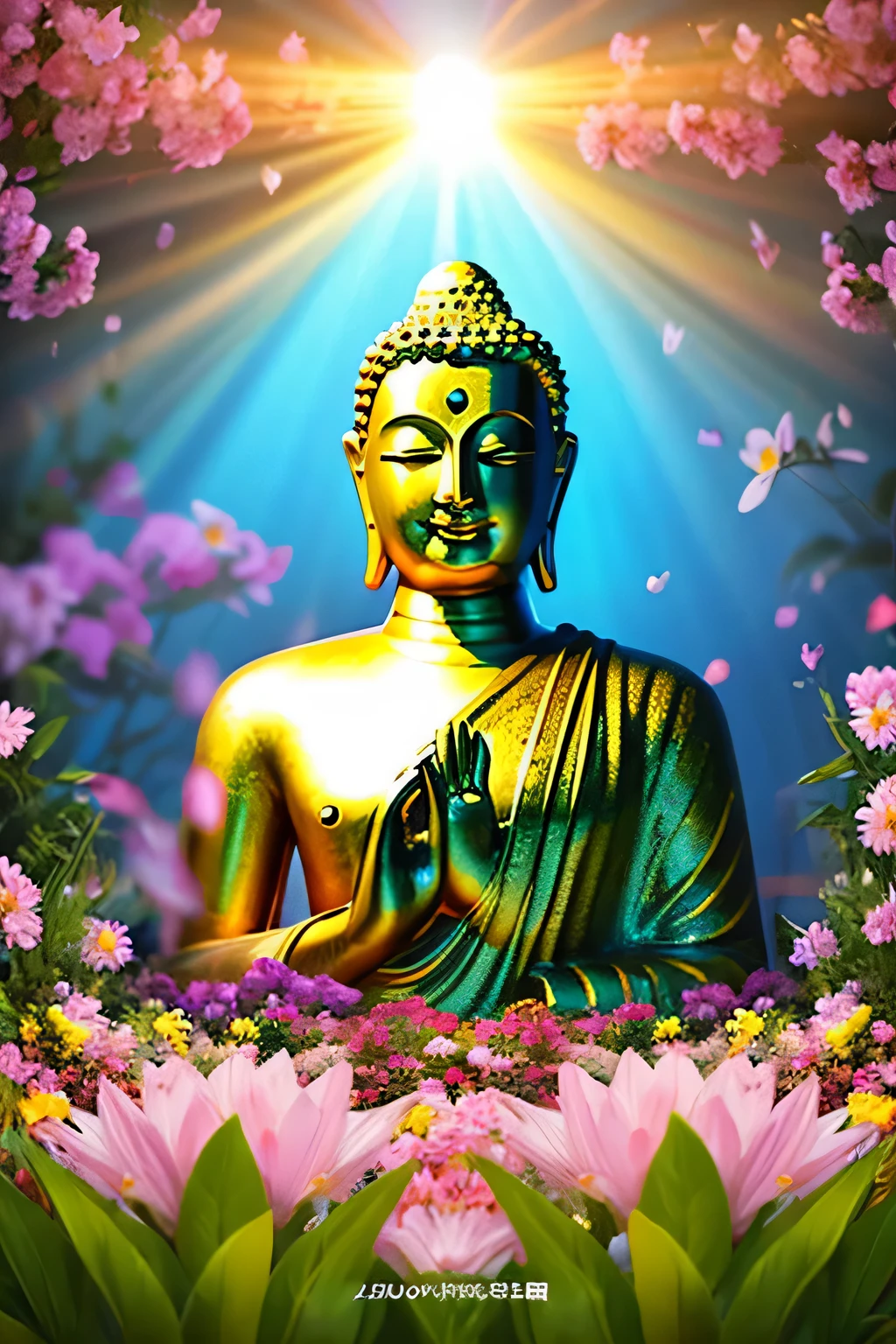 Buddha statue Buddha looking here bright background halo is shining upper body only hold hands facing forward realistic illustration The entire screen is surrounded by flowers
