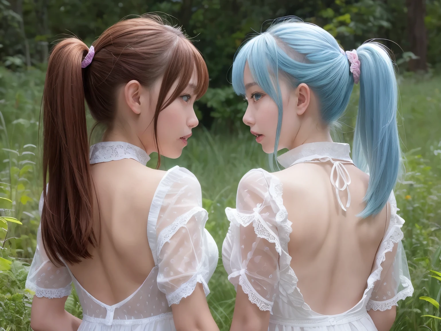 (two girls of the same age, symmetry :1.2) , couple focus, japanese girl, Rear view ,look at each other, (backless dress), standing next to each other , Upper body, twin tails, hair scrunchie, , (high color saturation:1.2), (low contrast:1.1), (high color saturation:1.0), (very fine skin), (highest quality:1.0), (ultra high resolution:1.0) ,(photo-realistic:1.0), (super detailed:1.0), (8k, RAW photo:1.1),(See-through:1.2), (skirt lift:1.0)