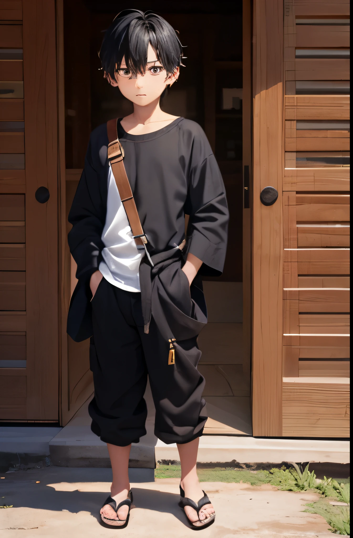 Crie um personagem chamado Hikaru. Hikaru is a 7 year old , com uma estrutura esbelta e uma postura ligeiramente curvada, reflecting his shy nature. Ele tem curto, disheveled black hair that falls messily around the face, partially obscuring your darkness, olhos amendoados. His skin is clear, com algumas sardas espalhadas pelas bochechas, giving you a youthful appearance. Hikaru normally wears simple, practical clothes., suitable for living in a medieval-inspired world., as a simple tunic or shirt made of rough fabric, combined with baggy pants or shorts, and sandals or sturdy leather boots on your feet. Ele carrega uma pequena bolsa no ombro para guardar seus pertences, e apesar de sua tenra idade, There&#39;s a silent intensity in your gaze, suggesting the inner strength and determination that resides within him
