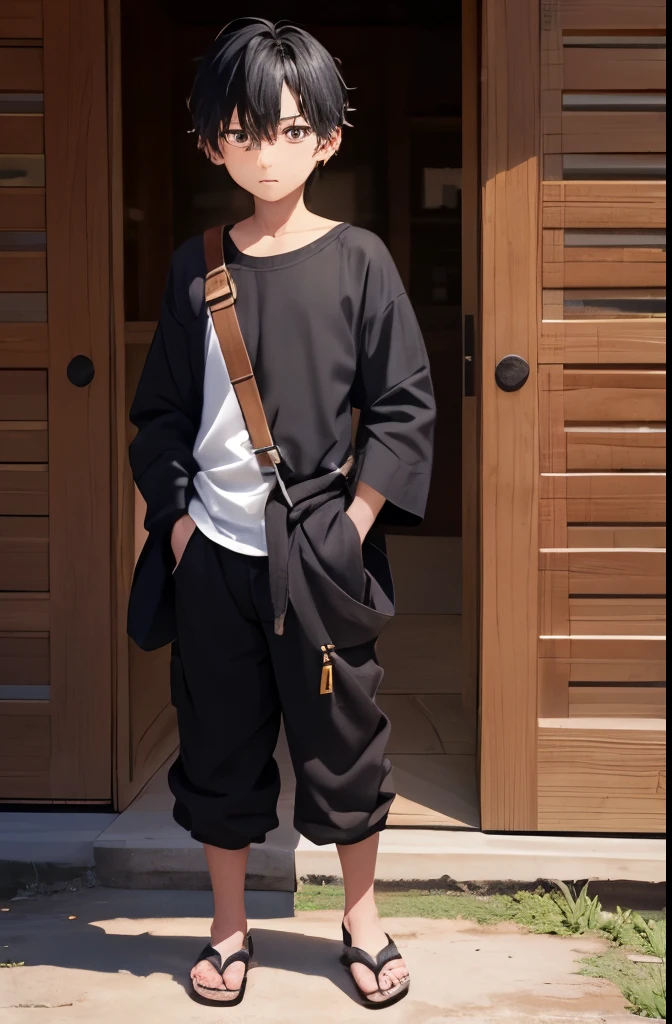 Design a character named Hikaru. Hikaru is a little ??? of 7 years old, with a slender frame and a slightly stooped posture, reflecting his timid nature. He has short, tousled black hair that falls messily around his face, partially obscuring his dark, almond-shaped eyes. His skin is fair, with a few faint freckles scattered across his cheeks, giving him a youthful appearance. Hikaru typically wears simple and practical clothing suitable for a living in a medieval-inspired world, such as a plain tunic or shirt made of rough fabric, paired with loose-fitting pants or shorts, and sturdy leather sandals or boots on his feet. He carries a small satchel over his shoulder to hold his belongings, and despite his young age, there is a quiet intensity in his gaze, hinting at the inner strength and determination that lies within him