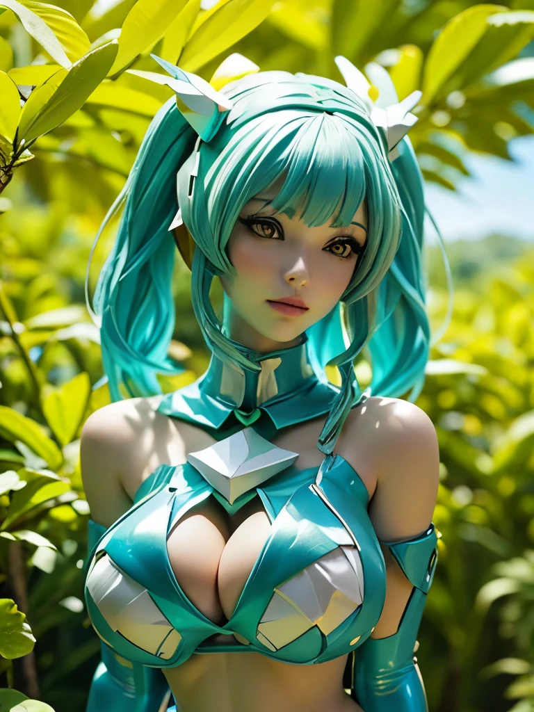 robot girl 😁, (huge breasts), (bikini:1.3), geometric sculpture, origami style, in full growth 🌳🪴🦜🌿
