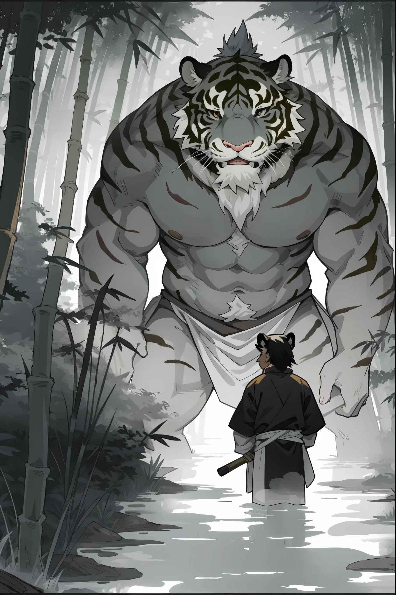 In a bamboo forest, a human transformed into a tiger meets an old friend and laments their past, Illustrated in the style of a traditional Chinese ink wash painting, resembling a handscroll with a horizontal composition,