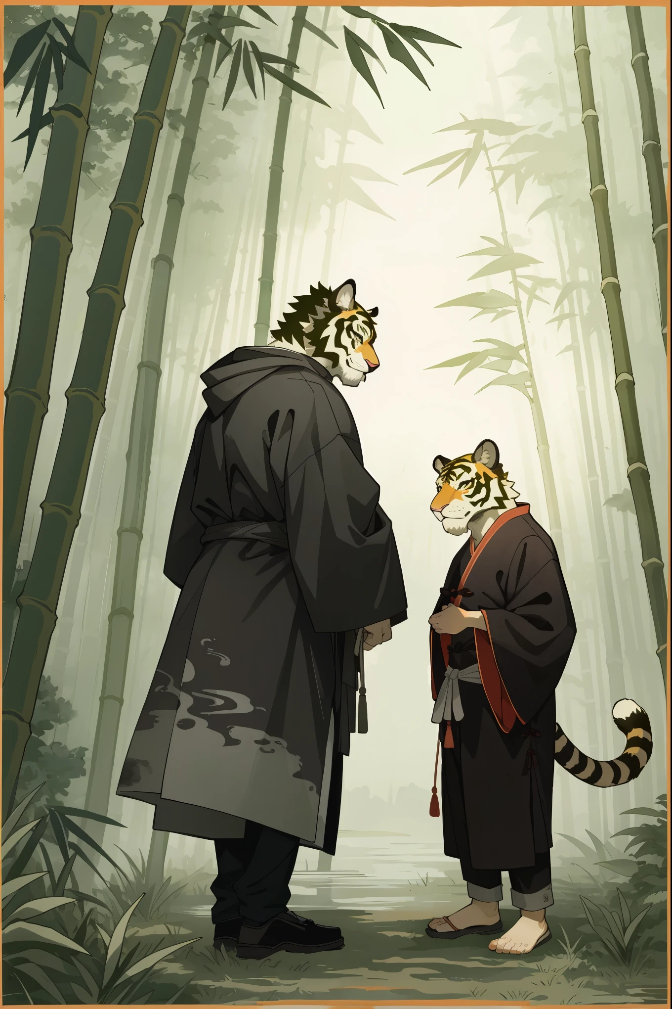 In a bamboo forest, a human transformed into a tiger meets an old friend and laments their past, Illustrated in the style of a traditional Chinese ink wash painting, resembling a handscroll with a horizontal composition,