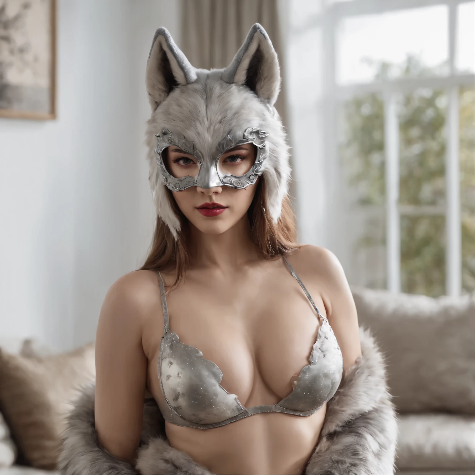 Draw a full body picture of Lalisa wearing a wolf mask and a wolf costume. Capturing her duality between feminine beauty and the wild force of nature in her living room, nsfw, large breasts