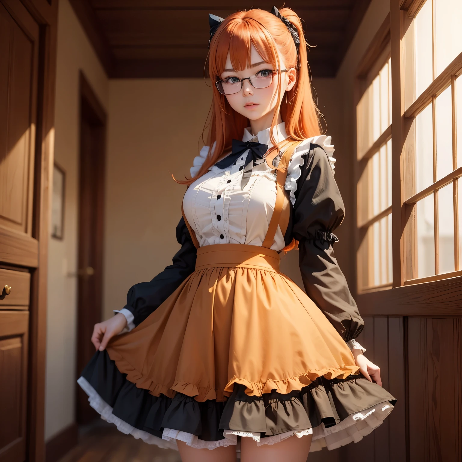 8k, masterpiece, best quality, realistic, higly detailed, cowboy shot, 1girl, solo, Itsuki Nakano, serious looking girl, medium-length hair, expressive ahoge, reddish-orange hair colour, a pair of star-shaped hairpins near both of her eyes, dark blue eyes, average height, well-endowed figure, wears glasses, cute, Maid