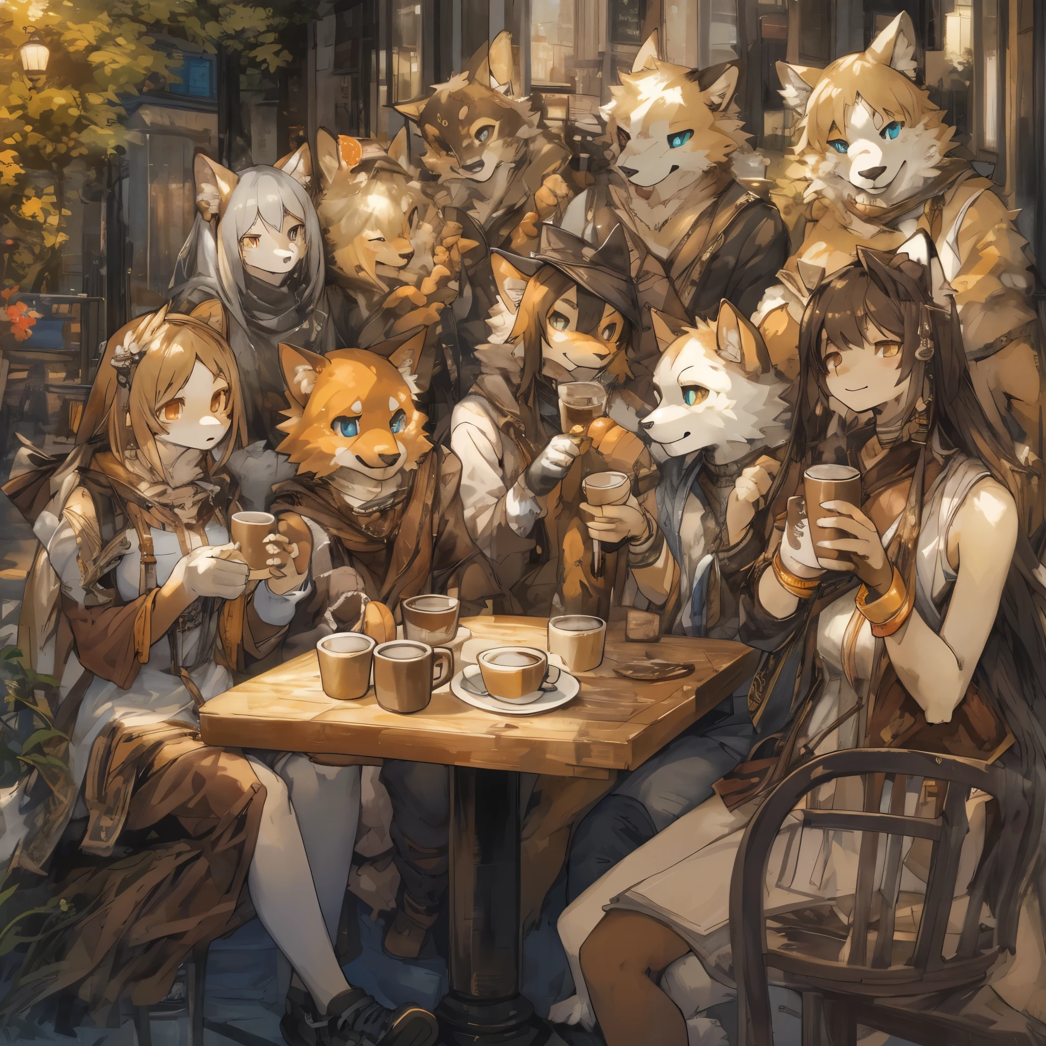 top quality, best quality, High-quality illustrations, masterpiece, super high resolution, detailed background, detailed background, cafe, Terrace, drink, coffee, staff, 6+boys, 6+girls, absurdres(highly detailed beautiful face and eyes)perfect anatomy, expression, good lighting, cinematic shadow(kemono, furry anthro),