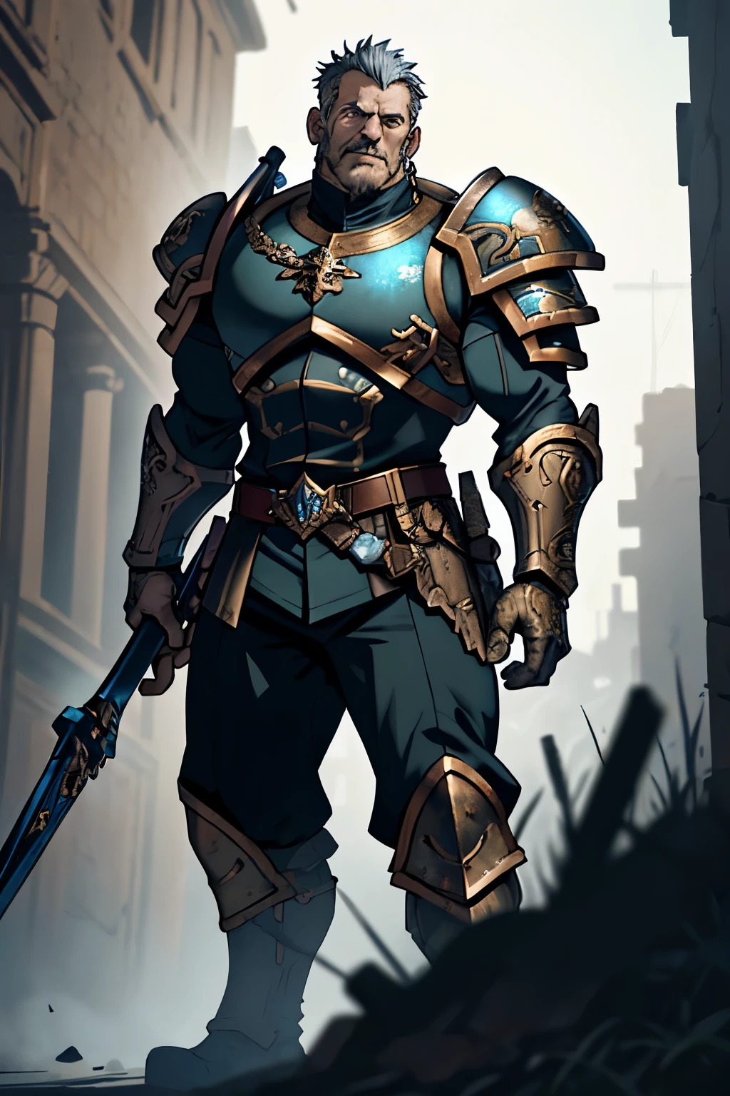 Cinematic Still of a Warhammer 40K Rogue Trader, clad in intricately-detailed armor and wielding an ancient, ornate weapon, with a serious expression and piercing gaze. Best quality (4k, 8K, high resolution, masterpiece: 1.2).
A towering, armored Warhammer 40K Rogue Trader, set against a backdrop of desolate ruins. His tantalus armor shimmers in the dim light, and his expression is one of intense focus and determination. He clutches an archaic, ornate weapon close to his chest, its power humming softly.
F