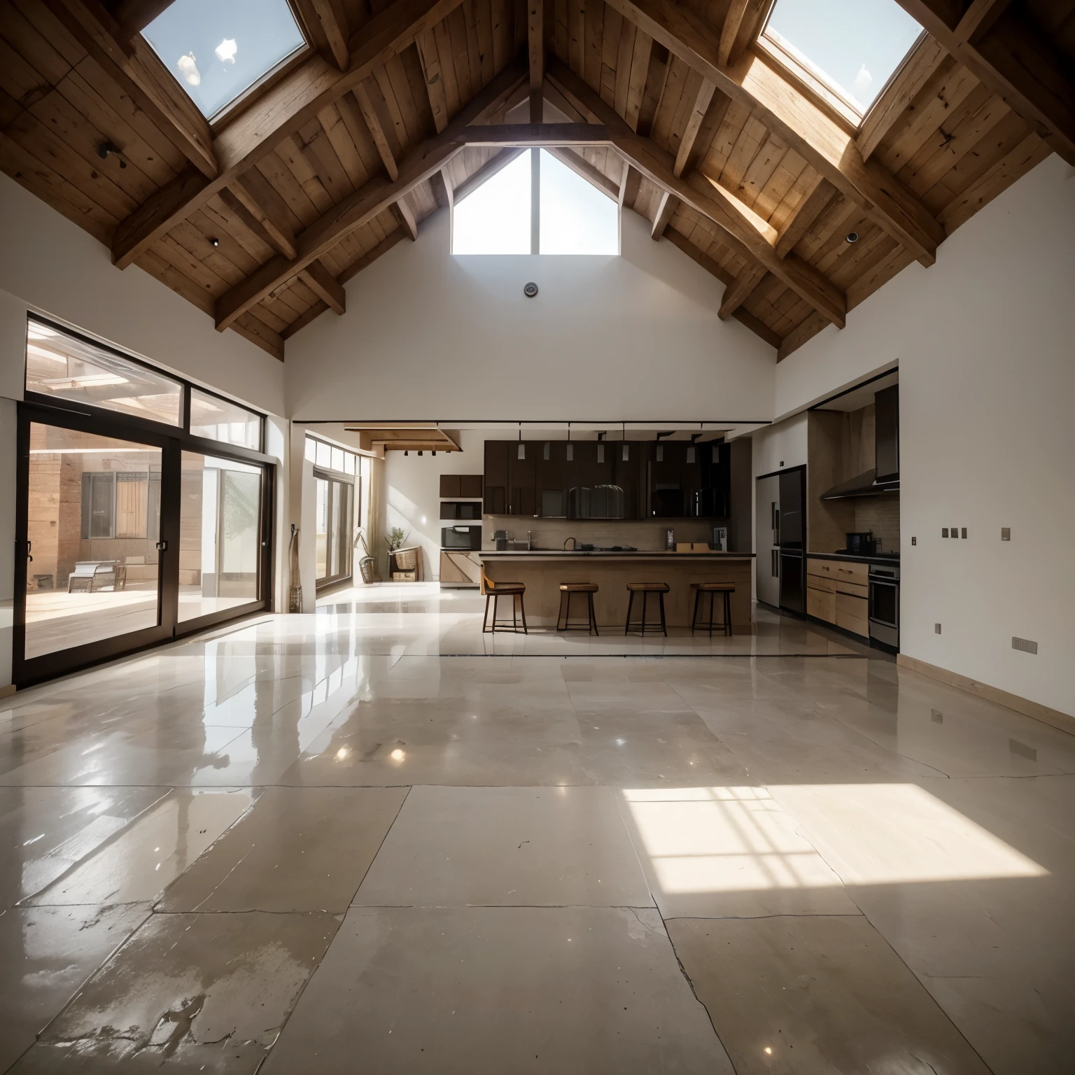 A sunken Rectangular room measuring ten metres by five metres with large sliding doors that open onto a garden. In the one half of the room is an open plan kitchen with cabinets that span the width of the room, while a centre island is opposite them. The other half of the room is an open living area that contains an indoor braai against the opposite wall with some couches and a large carpet. There are exposed rafters in the ceiling. The entire space is minimalistic and has a rustic/industrial warehouse theme with screed floors, concrete surfaces, exposed brick walls etc.