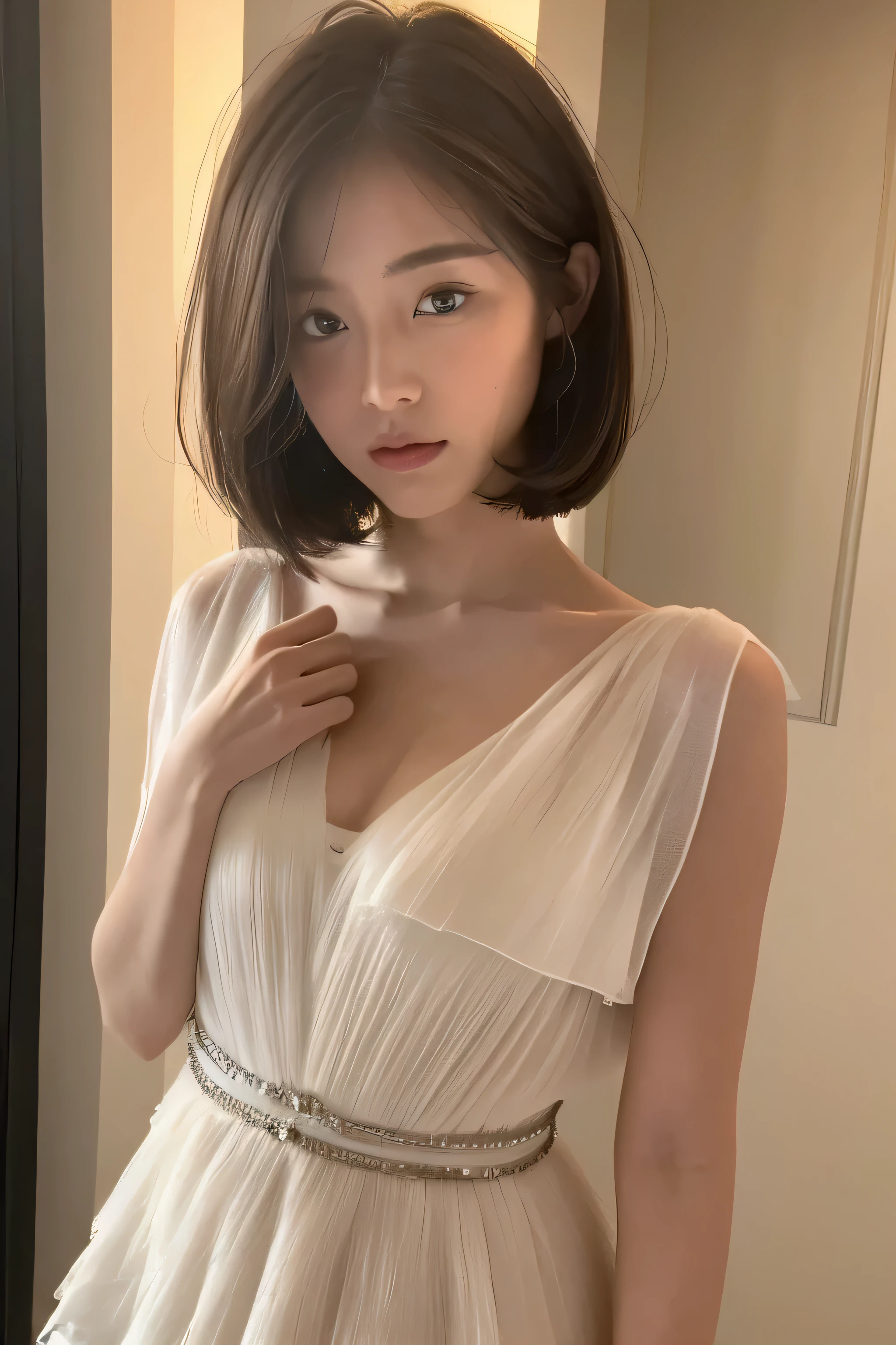 ((highest quality, 8k, masterpiece:1.3)), concentrate: 1.2, perfect body beauty: 1.4, buttocks: 1.2, ((layered haircut, chest: 1.2)), Highly detailed face and skin texture, delicate eyes, double eyelid, whitened skin, long hair, Hotel, gown