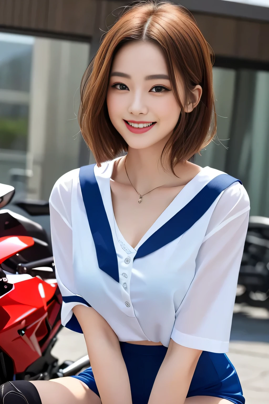 Big and ample breasts、(((A sheer white sailor suit that clings to the chest,school uniform:1.7))),(((A woman wearing a see-through sailor suit:1.7 ))),(((A woman riding a colorfully custom-painted motorcycle through the city:1.7))), Shiny light brown and orange striped short hair,Cute Smile,Perfect round face,A bright smile that makes everyone happy,Proper body balance,Tabletop,Ultra-high quality output images,High resolution,Intricate details,Very delicate and beautiful hair,Realistic photos,dream-like,Professional Lighting,Realistic Shadows,Focus Only,Beautiful Hands,Beautiful fingers,Detailed functions of the fingers,Detailed characteristics of the garment,Detailed characteristics of hair,Detailed facial features,(((Accentuate your breasts:1.3))),(Dynamic Angle),(Dynamic and sexy pose),Laughter、Cute round face,,(Tabletop,Highest quality,Ultra-high resolution output image,) ,(8K quality,),(Picture Mode Ultra HD,)