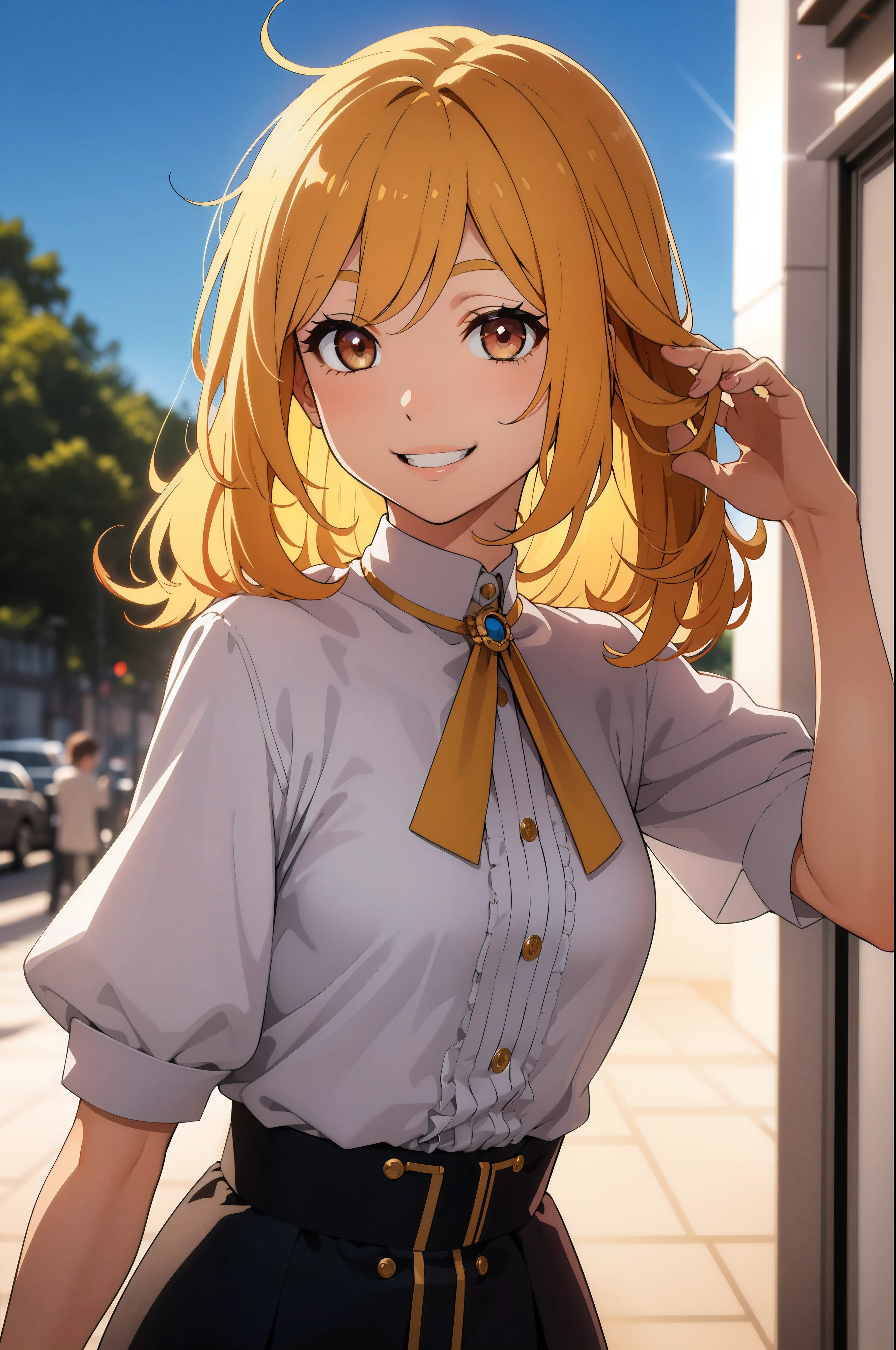 realistic, golden hour lighting, dress up, (Upper body), (attractive: 1), (Different hairstyles:1.2),(Alternative hair colors), ((puffy eyes)), facing forward, smile, laughter,Medium chest, wink
