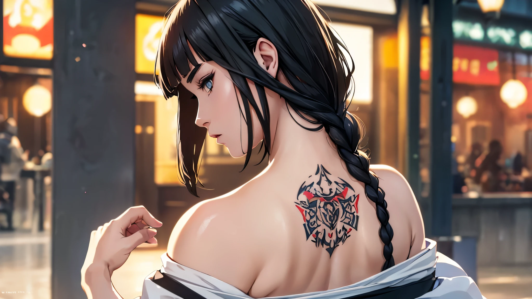 (best quality, realistic, highres), beautiful woman, brown ponytail, back facing you, head tilted backwards, looking at you, big dragon tattoo on her back, in her house, no shirt,