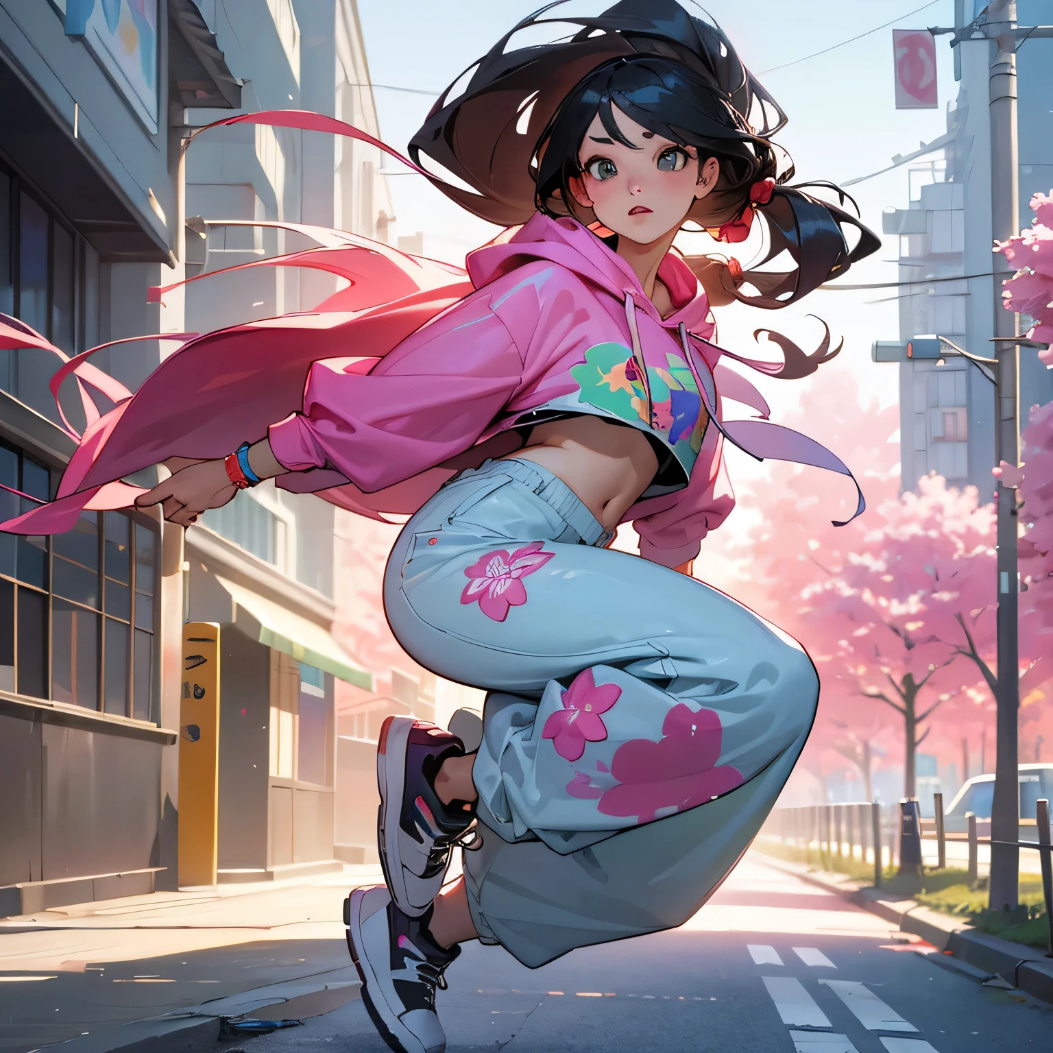 A woman, long hair, Dark brown hair, Green eyes, pink lip, white shirt, deep blue shorts, pink jacket, black tights, white legs warm, black shoes.