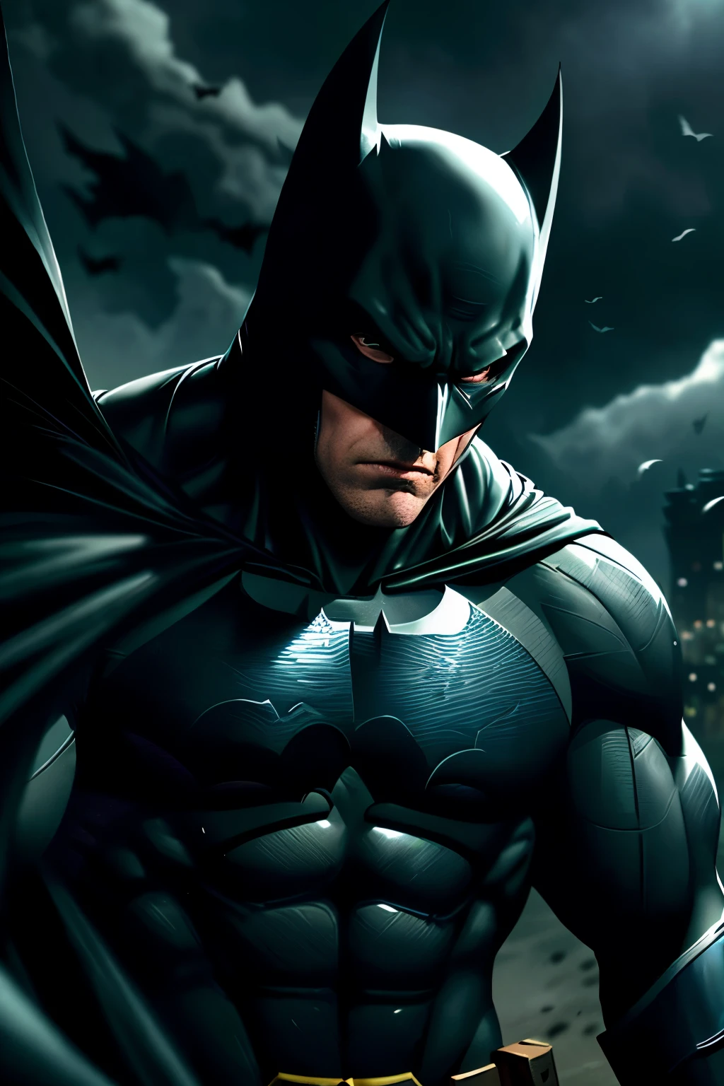 Batman and The Sandman, a thrilling duo in an image imbued with strong lighting contrasts, featuring high detail and animal intensity. The dark cyan & gray color palette adds a bold and dramatic flair, as Batman's chiseled features and muscular form contrast sharply with the rough clusters of The Sandman's ethereal sandy presence. Caninecore elements infuse the scene, with Batman's grim expression and pointed ears echoing the fierce spirit of the genre. The high-resolution image, captured in 4K, showcases the intricate textures and detailed forms of both characters, making for an unforgettable masterpiece in the realm of comic book